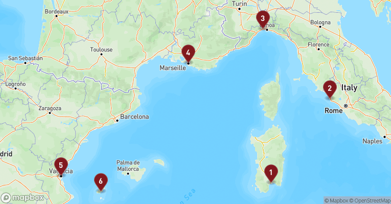 Kort over Middelhavet fra Cagliari - Sardinien med MSC Musica