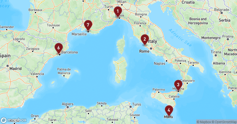 Kort over Middelhavet fra Genova med MSC World Asia