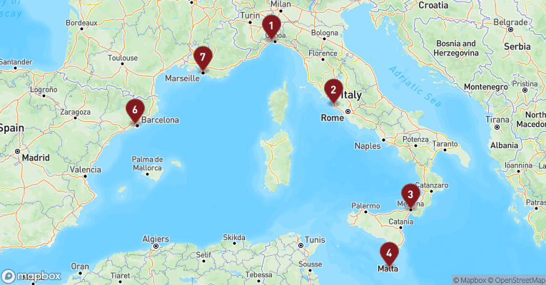 Kort over Middelhavet fra Genova med MSC World Asia