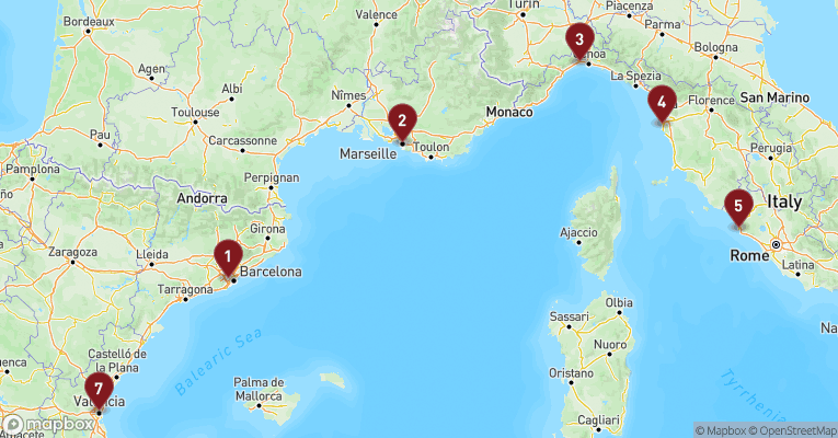 Kort over Middelhavet fra Barcelona med MSC Sinfonia