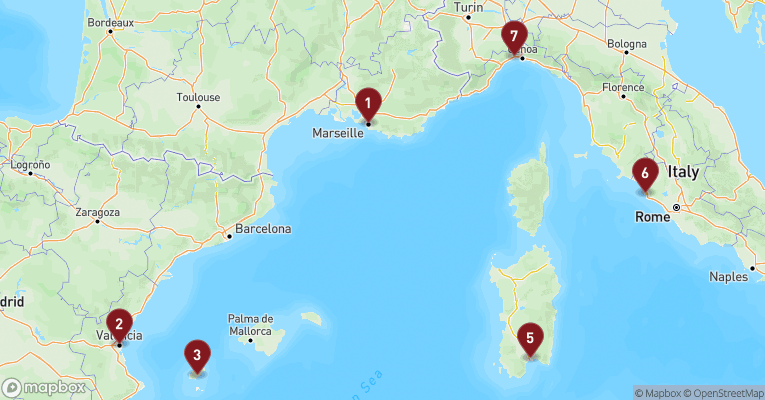 Kort over Middelhavet fra Marseille med MSC Musica