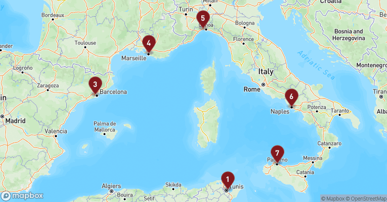 Kort over Middelhavet fra La Goulette - Tunis med MSC Euribia