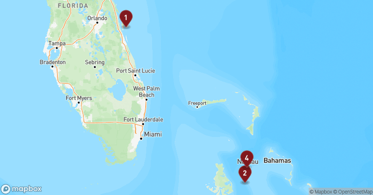 Kort over Caribien & Bahamas fra Port Canaveral med MSC Seashore
