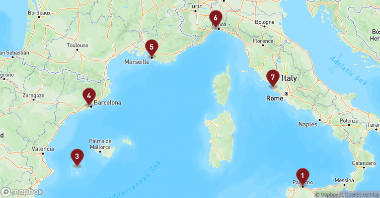 Kort over Middelhavet fra Palermo - Sicilien med MSC Seaview