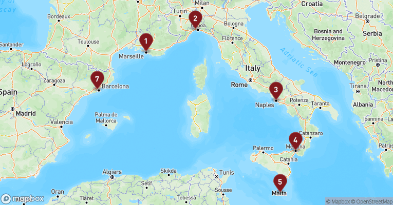 Kort over Middelhavet fra Marseille med MSC World Europa