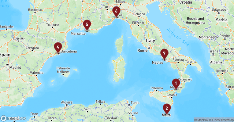 Kort over Middelhavet fra Messina - Sicilien med MSC World Europa