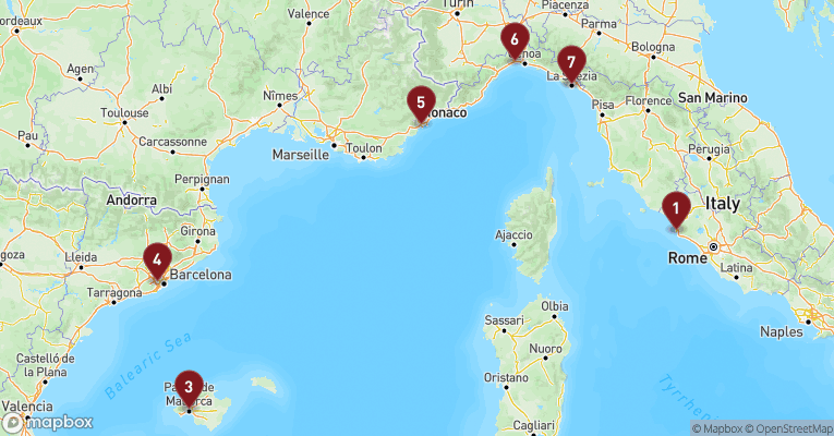 Kort over Middelhavet fra Civitavecchia - Rom med MSC Grandiosa