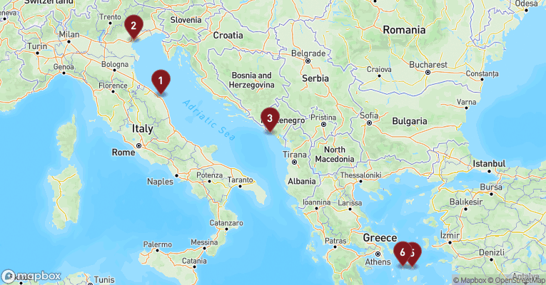 Kort over Middelhavet fra Ancona med MSC Lirica