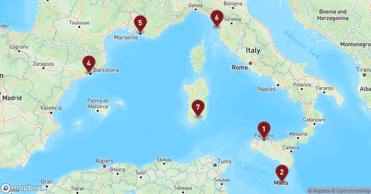 Kort over Middelhavet fra Palermo - Sicilien med MSC Splendida