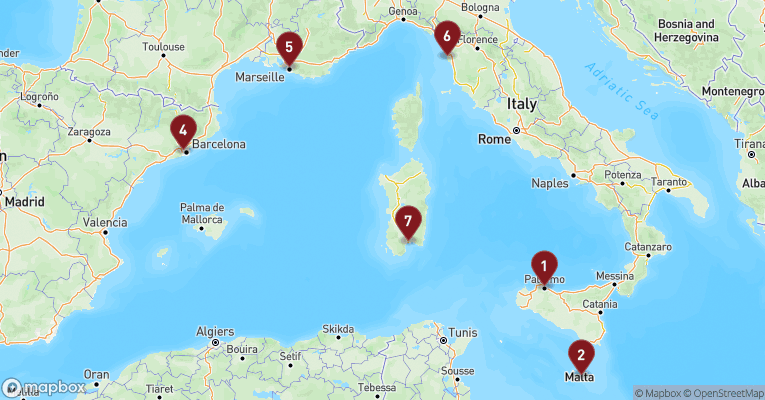 Kort over Middelhavet fra Palermo - Sicilien med MSC Splendida