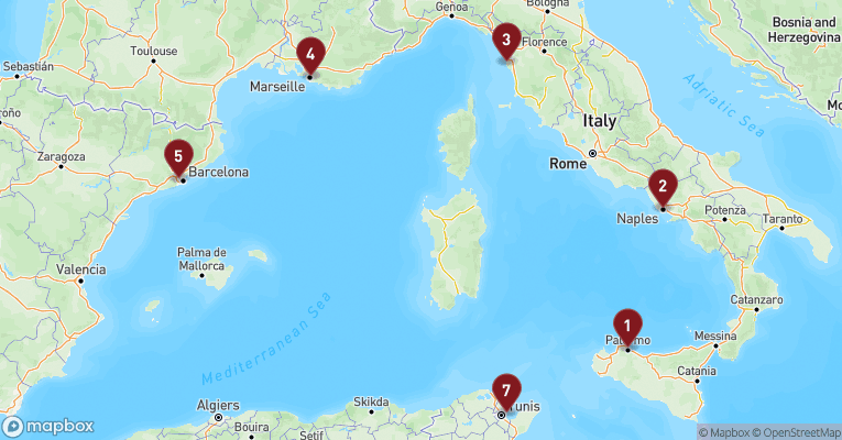 Kort over Middelhavet fra Palermo - Sicilien med MSC Meraviglia