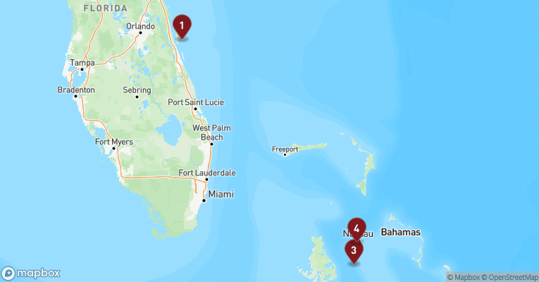 Kort over Caribien & Bahamas fra Port Canaveral med MSC Seashore