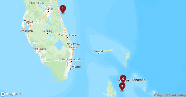 Kort over Caribien & Bahamas fra Port Canaveral med MSC Seashore