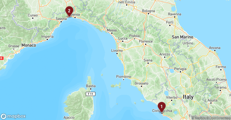 Kort over Middelhavet fra Civitavecchia - Rom med MSC Musica