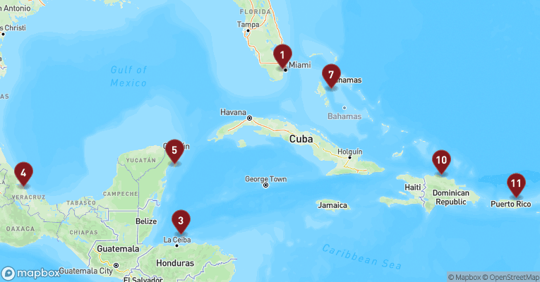 Kort over Caribien & Bahamas fra Miami med MSC World America