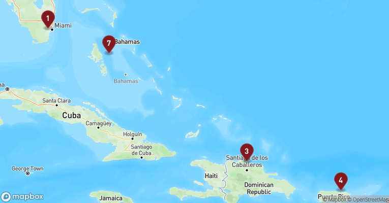 Kort over Caribien & Bahamas fra Miami med MSC World America
