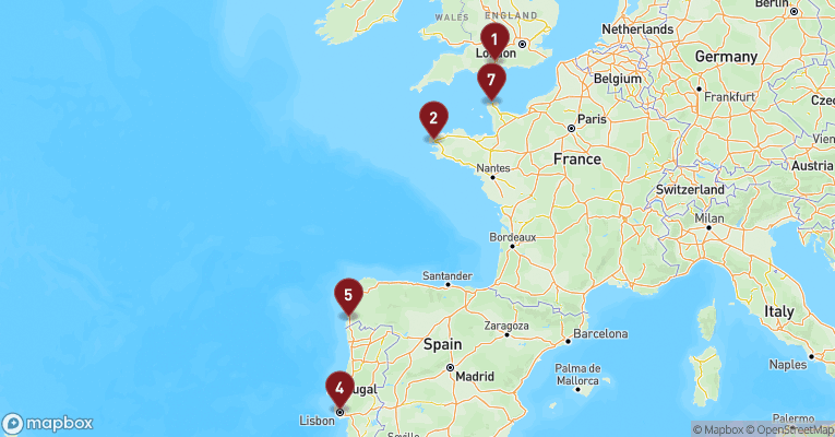 Kort over Middelhavet fra Southampton med MSC Virtuosa