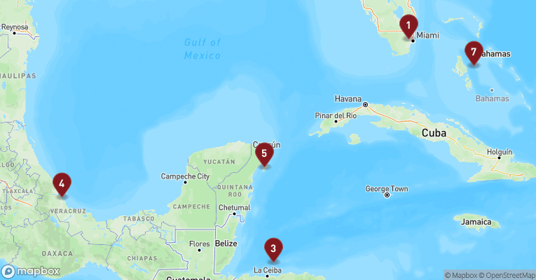 Kort over Caribien & Bahamas fra Miami med MSC World America