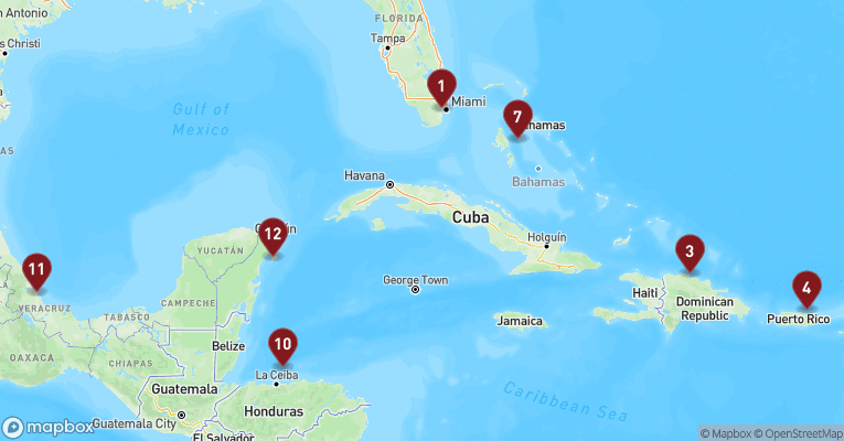 Kort over Caribien & Bahamas fra Miami med MSC World America