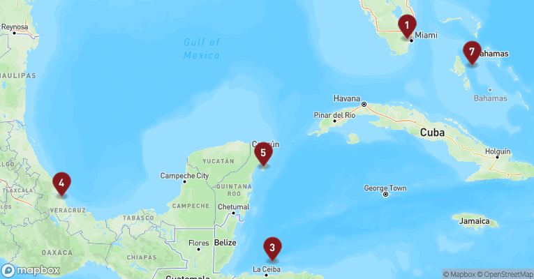 Kort over Caribien & Bahamas fra Miami med MSC World America