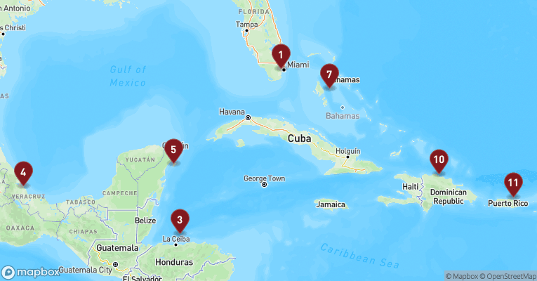 Kort over Caribien & Bahamas fra Miami med MSC World America