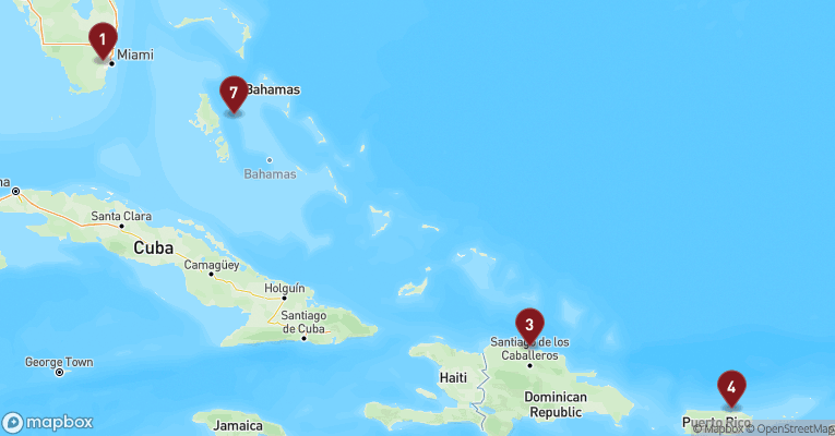 Kort over Caribien & Bahamas fra Miami med MSC World America