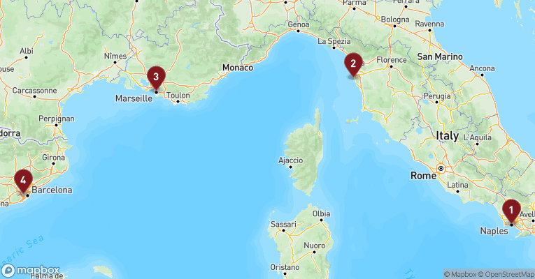 Kort over Middelhavet fra Napoli med MSC Meraviglia