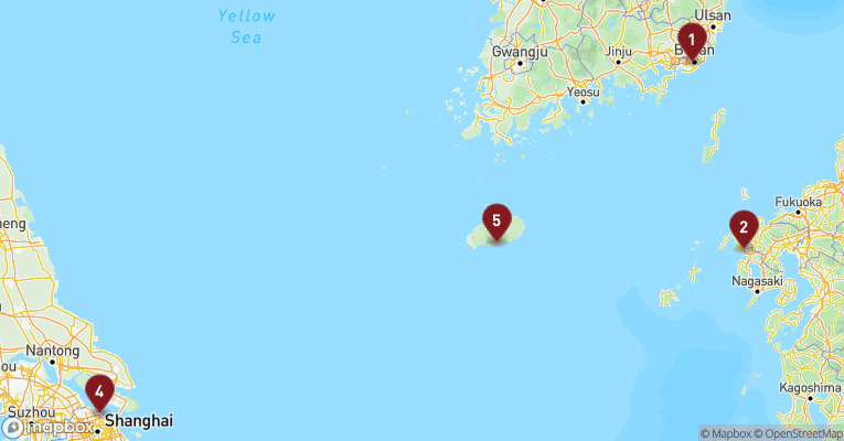 Kort over Asien & det Indiske Ocean fra Busan med Costa Serena