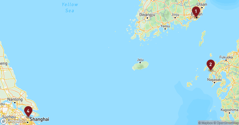 Kort over Asien & det Indiske Ocean fra Busan med Costa Serena