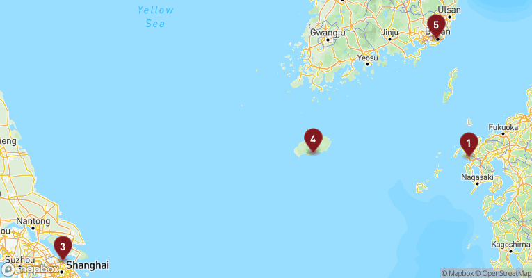 Kort over Asien & det Indiske Ocean fra Sasebo med Costa Serena