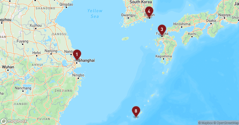 Kort over Asien & det Indiske Ocean fra Shanghai med MSC Bellissima