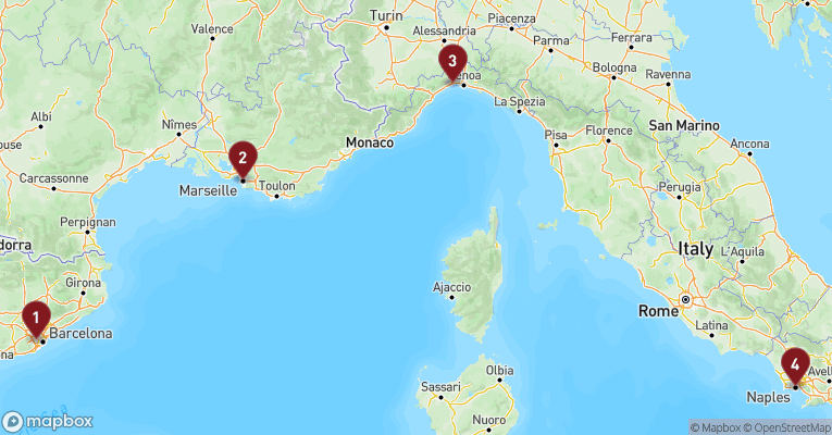 Kort over Middelhavet fra Barcelona med MSC Euribia