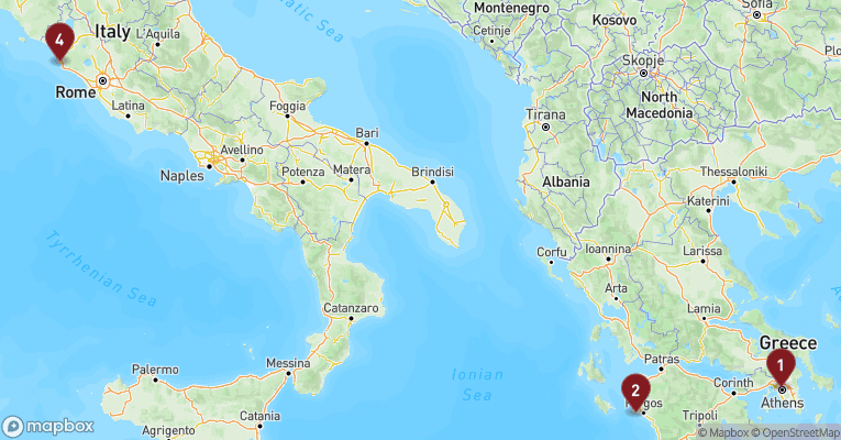 Kort over Middelhavet fra Athen med MSC Sinfonia