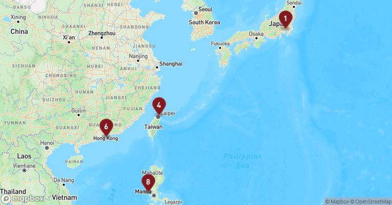 Kort over Asien & det Indiske Ocean fra Tokyo med Costa Serena
