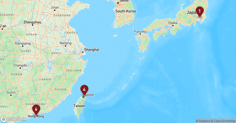 Kort over Asien & det Indiske Ocean fra Tokyo med Costa Serena