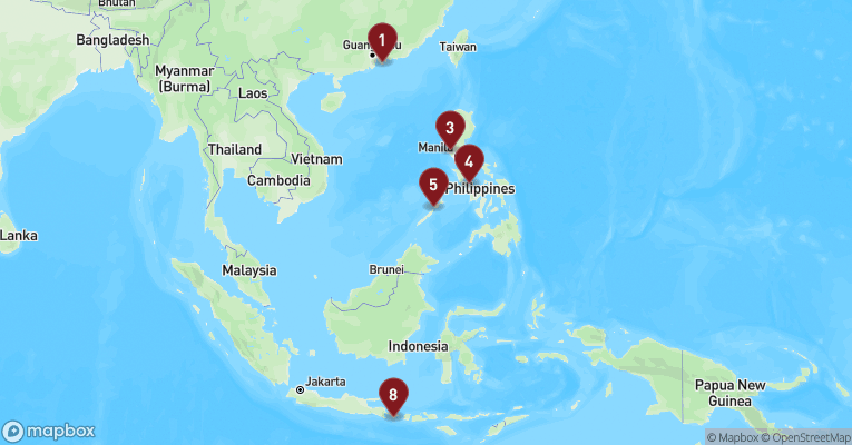 Kort over Asien & det Indiske Ocean fra Hongkong med Costa Serena