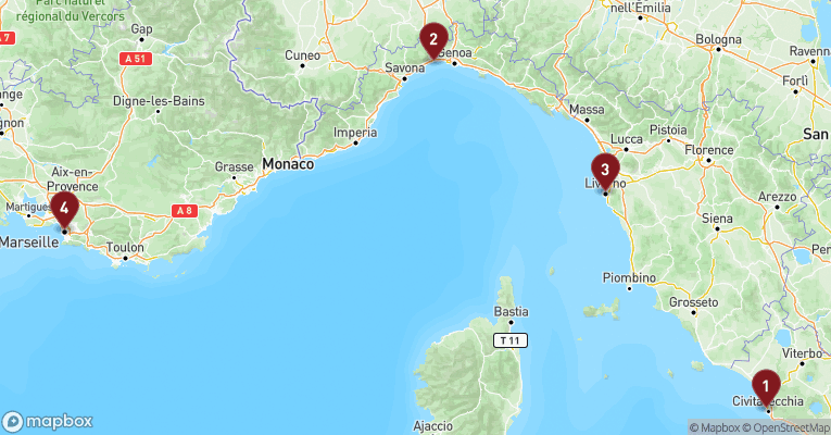 Kort over Middelhavet fra Civitavecchia - Rom med MSC Opera