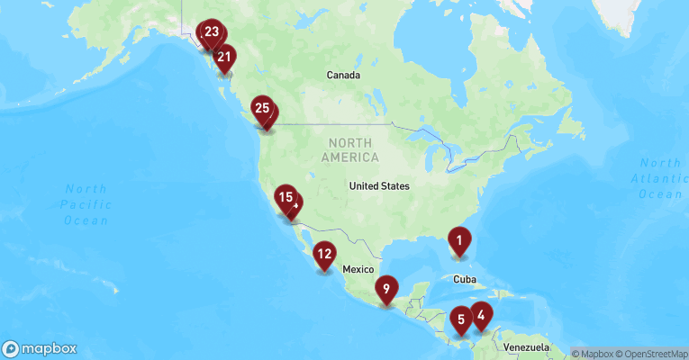 Kort over Californien & Mexico fra Miami med MSC Poesia