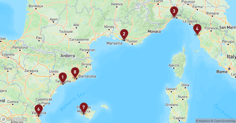Kort over Middelhavet fra Tarragona med MSC Sinfonia