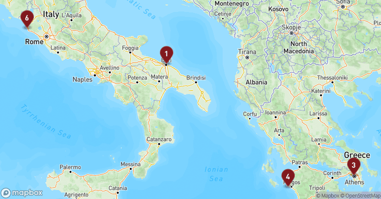 Kort over Middelhavet fra Bari med MSC Sinfonia
