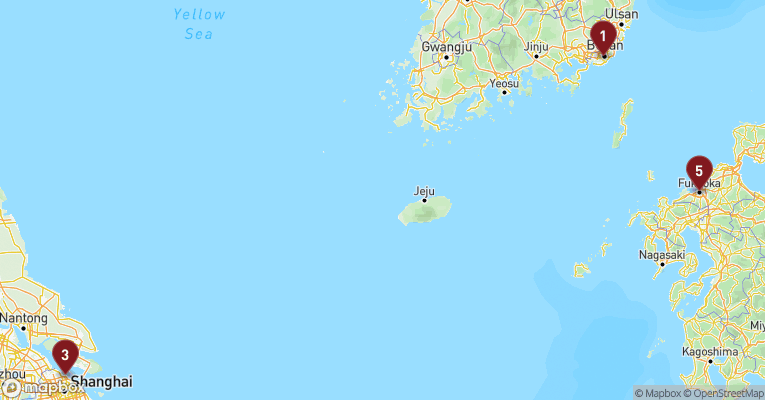 Kort over Asien & det Indiske Ocean fra Busan med MSC Bellissima