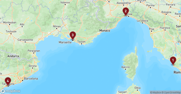 Kort over Middelhavet fra Civitavecchia - Rom med MSC Magnifica