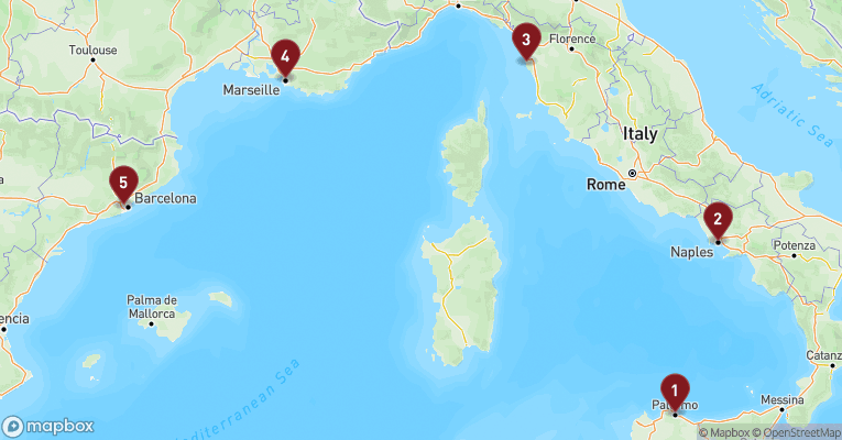 Kort over Middelhavet fra Palermo - Sicilien med MSC Meraviglia