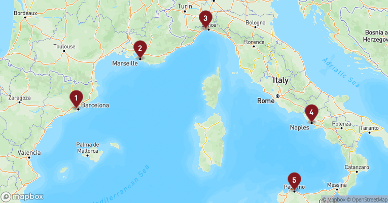 Kort over Middelhavet fra Barcelona med MSC Euribia