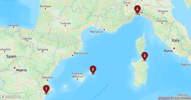 Kort over Middelhavet fra Alicante med MSC Opera