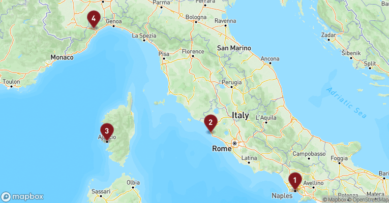 Kort over Middelhavet fra Napoli med Costa Fascinosa