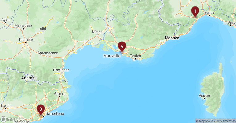 Kort over Middelhavet fra Savona med Costa Fascinosa