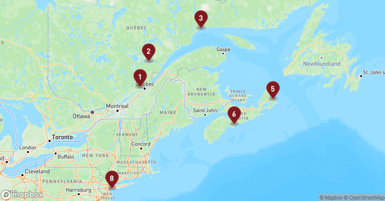 Kort over Nordamerika & Canada fra Quebec City med EXPLORA III