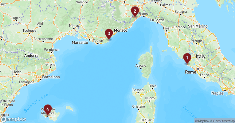 Kort over Middelhavet fra Civitavecchia - Rom med Costa Pacifica