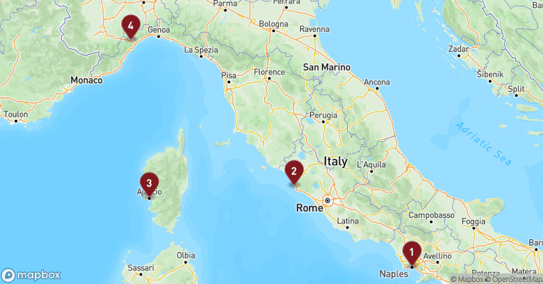 Kort over Middelhavet fra Napoli med Costa Fascinosa